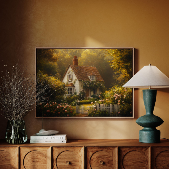 English Cottage Canvas Art  Vintage Floral Home Wall Decor  Cozy House Painting  Rustic Country Charm  Romantic Garden Landscape