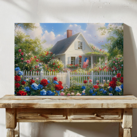 Patriotic Cottage Canvas American Flag Wall Art Red White Blue Flowers Painting Vintage Summer Home Decor Country Garden Print
