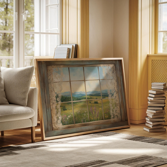 Rustic Window View Canvas Art  Country Landscape Print  Vintage Lace Curtains Wall Decor  Cottagecore Farmhouse Style