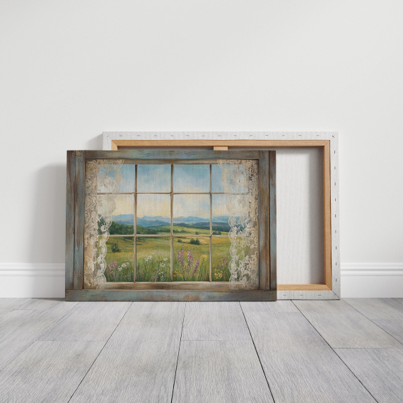 Rustic Window View Canvas Art  Country Landscape Print  Vintage Lace Curtains Wall Decor  Cottagecore Farmhouse Style