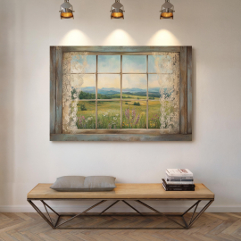 Rustic Window View Canvas Art Country Landscape Print Vintage Lace Curtains Wall Decor Cottagecore Farmhouse Style