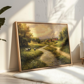 Vintage Farm River Landscape Canvas | Rustic Countryside Wall Art with Cows Stream & Church | Serene Pastoral Scene Print