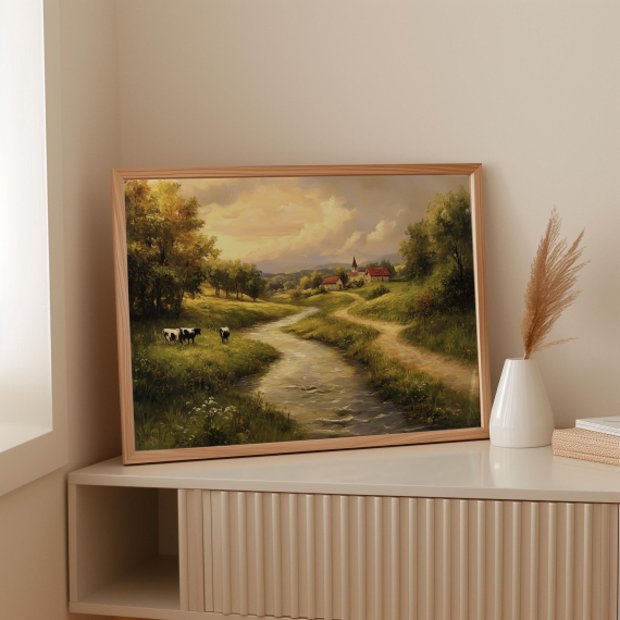 Vintage Farm River Landscape Canvas | Rustic Countryside Wall Art with Cows  Stream & Church | Serene Pastoral Scene Print