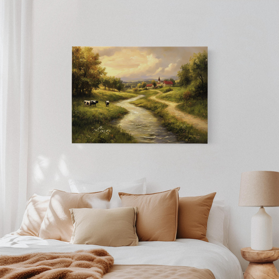 Vintage Farm River Landscape Canvas | Rustic Countryside Wall Art with Cows  Stream & Church | Serene Pastoral Scene Print