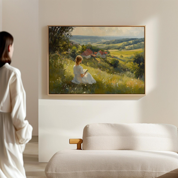 Cottagecore Girl Reading Canvas Wall Art | Peaceful Field Landscape with Flowers and Cozy Homes in Vintage Oil Painting Style