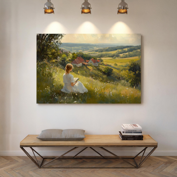 Cottagecore Girl Reading Canvas Wall Art | Peaceful Field Landscape with Flowers and Cozy Homes in Vintage Oil Painting Style