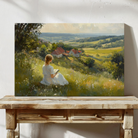 Cottagecore Girl Reading Canvas Wall Art | Peaceful Field Landscape with Flowers and Cozy Homes in Vintage Oil Painting Style