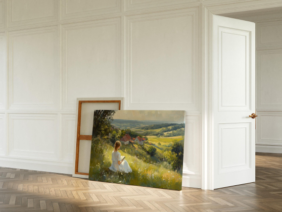 Cottagecore Girl Reading Canvas Wall Art | Peaceful Field Landscape with Flowers and Cozy Homes in Vintage Oil Painting Style