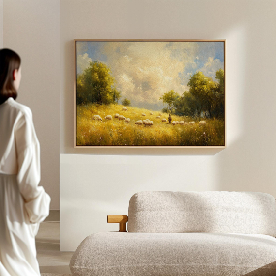 Vintage Shepherd Landscape Canvas Art | Peaceful Field with Sheep and Trees | Pastoral Countryside Wall Decor in Golden Tones