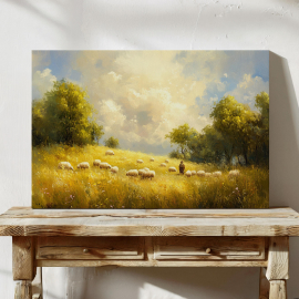 Vintage Shepherd Landscape Canvas Art | Peaceful Field with Sheep and Trees | Pastoral Countryside Wall Decor in Golden Tones