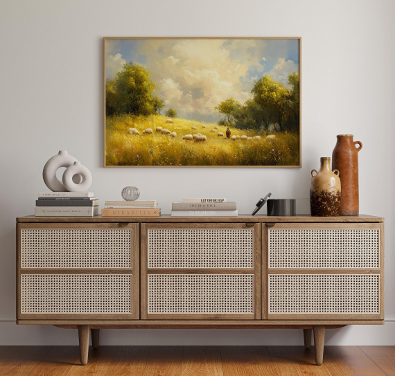 Vintage Shepherd Landscape Canvas Art | Peaceful Field with Sheep and Trees | Pastoral Countryside Wall Decor in Golden Tones