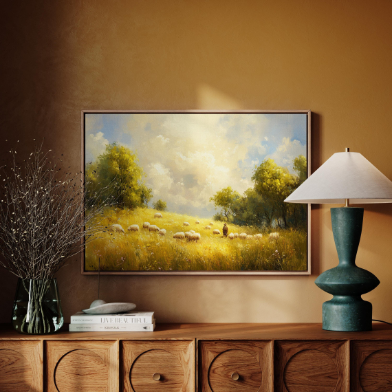 Vintage Shepherd Landscape Canvas Art | Peaceful Field with Sheep and Trees | Pastoral Countryside Wall Decor in Golden Tones