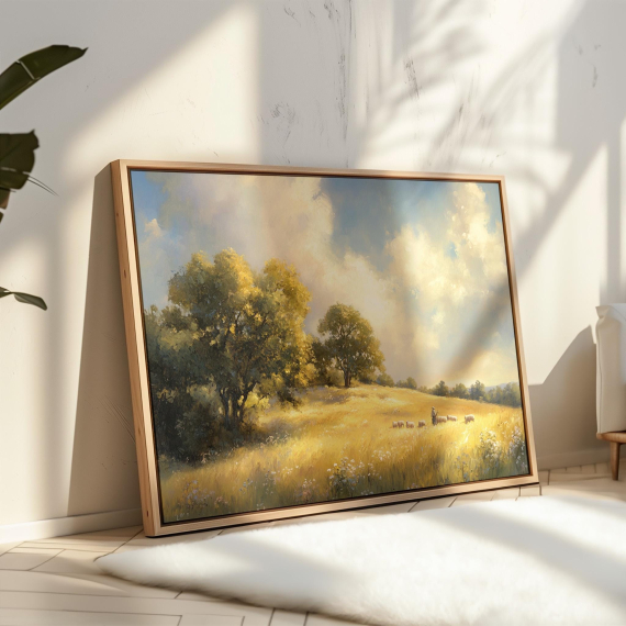 Golden Pastoral Landscape Canvas | Shepherd and Sheep in Sunny Field | Vintage Farmhouse Wall Art with Trees and Meadows