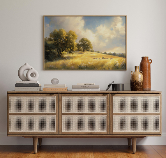 Golden Pastoral Landscape Canvas | Shepherd and Sheep in Sunny Field | Vintage Farmhouse Wall Art with Trees and Meadows