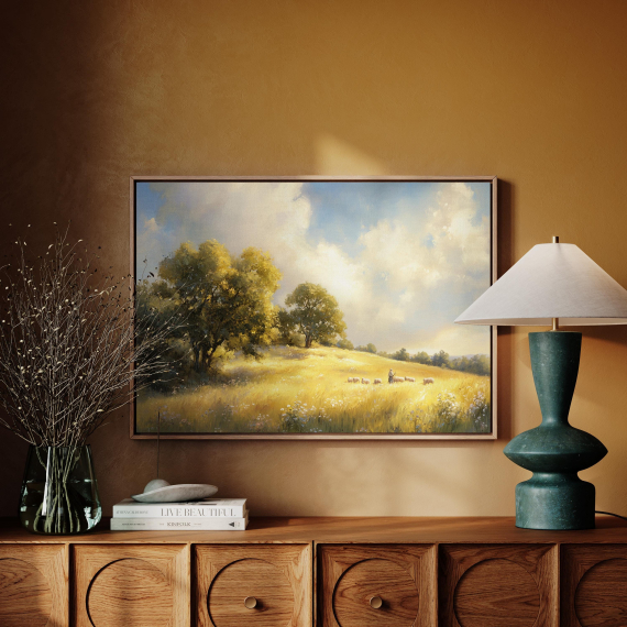 Golden Pastoral Landscape Canvas | Shepherd and Sheep in Sunny Field | Vintage Farmhouse Wall Art with Trees and Meadows