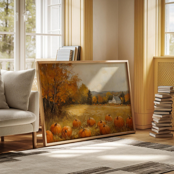 Pumpkin Patch Canvas Wall Art | Autumn Farm Landscape with Fall Foliage and Rustic Barn | Cozy Country Harvest Painting Print