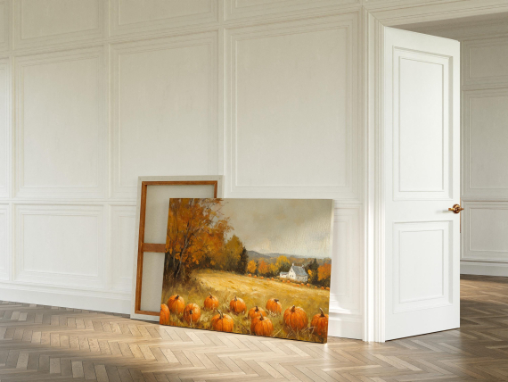 Pumpkin Patch Canvas Wall Art | Autumn Farm Landscape with Fall Foliage and Rustic Barn | Cozy Country Harvest Painting Print