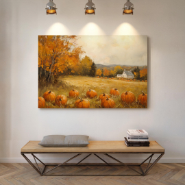 Pumpkin Patch Canvas Wall Art | Autumn Farm Landscape with Fall Foliage and Rustic Barn | Cozy Country Harvest Painting Print