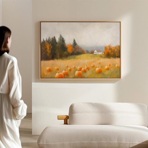 Rustic Pumpkin Field Canvas Wall Art | Autumn Farm Landscape with Barn and Trees | Cozy Fall Harvest Decor for Seasonal Warmth