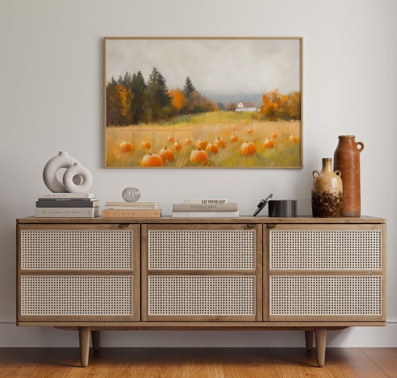 Rustic Pumpkin Field Canvas Wall Art | Autumn Farm Landscape with Barn and Trees | Cozy Fall Harvest Decor for Seasonal Warmth
