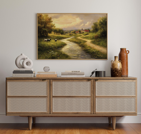 Vintage Farm River Landscape Canvas | Rustic Countryside Wall Art with Cows  Stream & Church | Serene Pastoral Scene Print