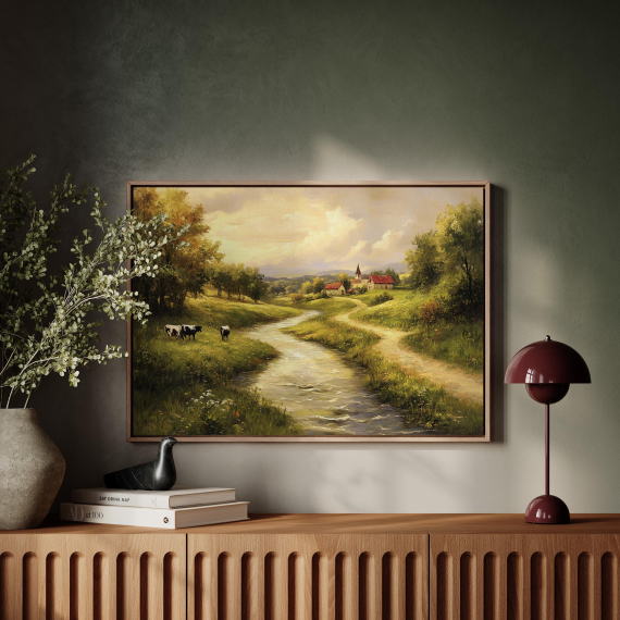 Vintage Farm River Landscape Canvas | Rustic Countryside Wall Art with Cows  Stream & Church | Serene Pastoral Scene Print