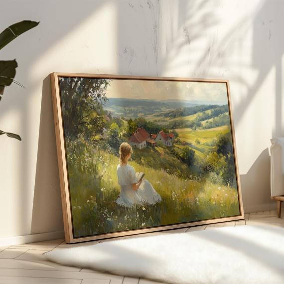 Cottagecore Girl Reading Canvas Wall Art | Peaceful Field Landscape with Flowers and Cozy Homes in Vintage Oil Painting Style