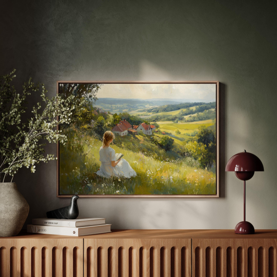 Cottagecore Girl Reading Canvas Wall Art | Peaceful Field Landscape with Flowers and Cozy Homes in Vintage Oil Painting Style