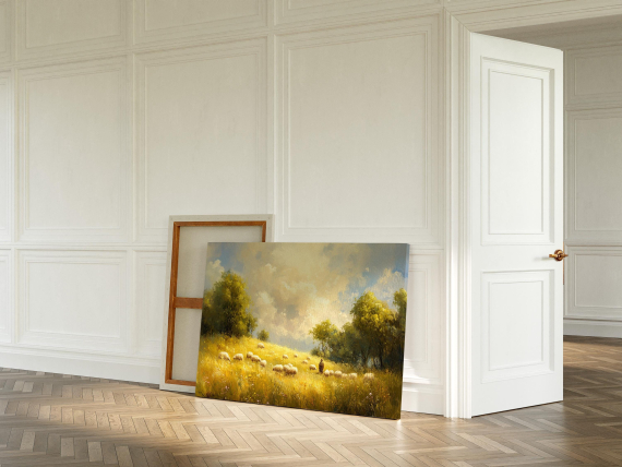 Vintage Shepherd Landscape Canvas Art | Peaceful Field with Sheep and Trees | Pastoral Countryside Wall Decor in Golden Tones
