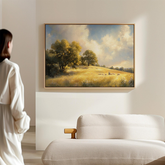Golden Pastoral Landscape Canvas | Shepherd and Sheep in Sunny Field | Vintage Farmhouse Wall Art with Trees and Meadows