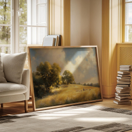 Golden Pastoral Landscape Canvas | Shepherd and Sheep in Sunny Field | Vintage Farmhouse Wall Art with Trees and Meadows