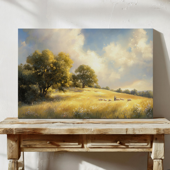 Golden Pastoral Landscape Canvas | Shepherd and Sheep in Sunny Field | Vintage Farmhouse Wall Art with Trees and Meadows