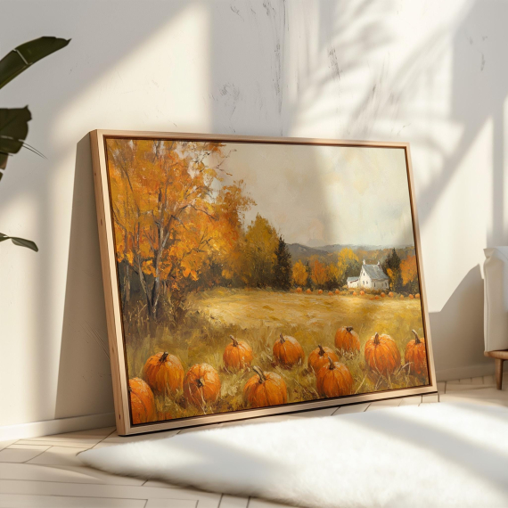 Pumpkin Patch Canvas Wall Art | Autumn Farm Landscape with Fall Foliage and Rustic Barn | Cozy Country Harvest Painting Print