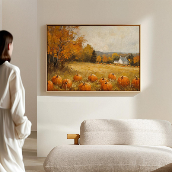 Pumpkin Patch Canvas Wall Art | Autumn Farm Landscape with Fall Foliage and Rustic Barn | Cozy Country Harvest Painting Print