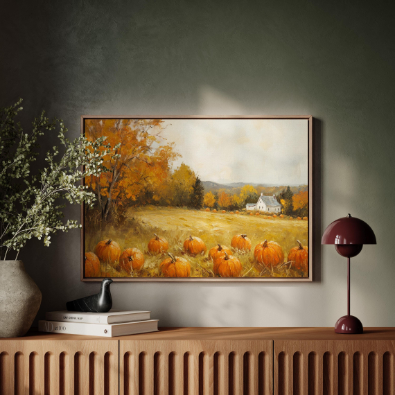 Pumpkin Patch Canvas Wall Art | Autumn Farm Landscape with Fall Foliage and Rustic Barn | Cozy Country Harvest Painting Print