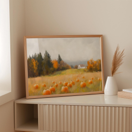 Rustic Pumpkin Field Canvas Wall Art | Autumn Farm Landscape with Barn and Trees | Cozy Fall Harvest Decor for Seasonal Warmth