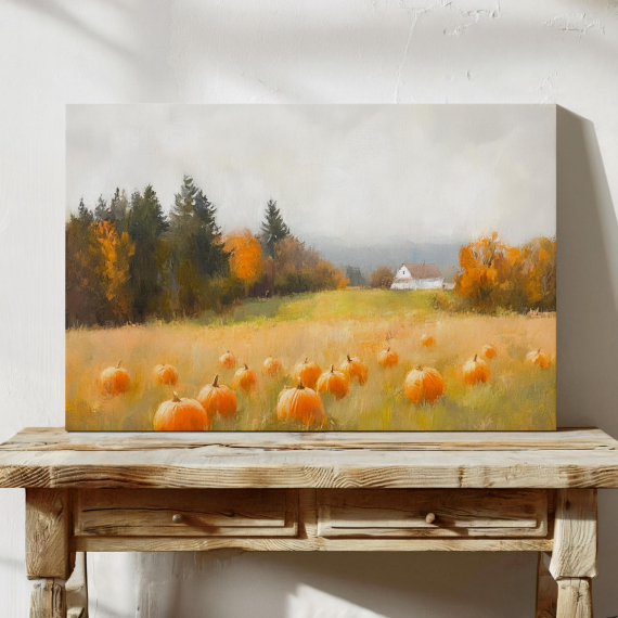 Rustic Pumpkin Field Canvas Wall Art | Autumn Farm Landscape with Barn and Trees | Cozy Fall Harvest Decor for Seasonal Warmth