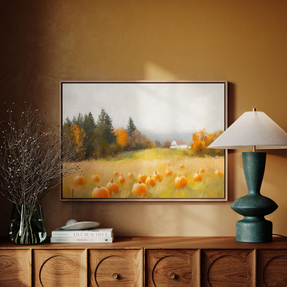 Rustic Pumpkin Field Canvas Wall Art | Autumn Farm Landscape with Barn and Trees | Cozy Fall Harvest Decor for Seasonal Warmth